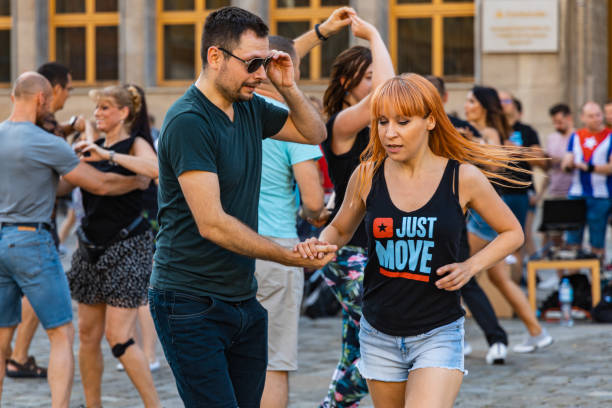 Couple dancing at party