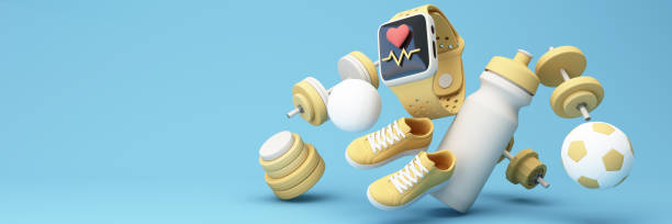 беспроводные умные часы с красным сердцем и спортивным оборудованием, спортивное фитнес-оборудование, мужская и женская концепция, коврик  - pulse clock стоковые фото и изображения