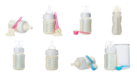 Lots of baby milk bottles and pacifiers. Cute pattern on blue background. 3d illustration.