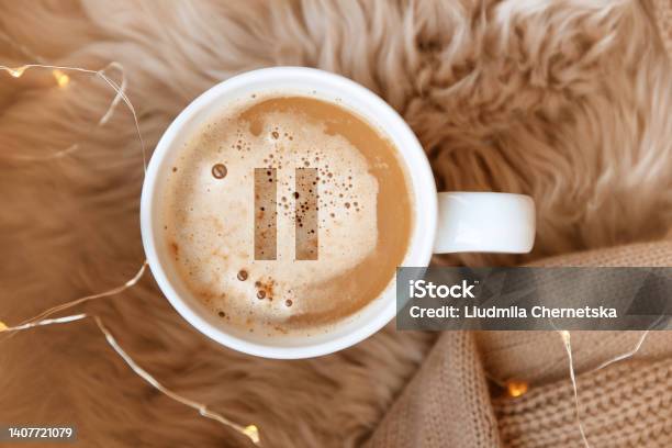 Coffee Break Cup Of Aromatic Americano With Milk On Faux Fur Top View Stock Photo - Download Image Now