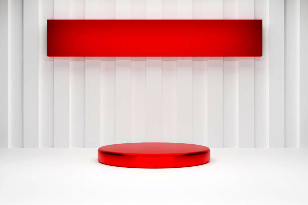 Red product presentation pedestal platform with empty information board on the white background