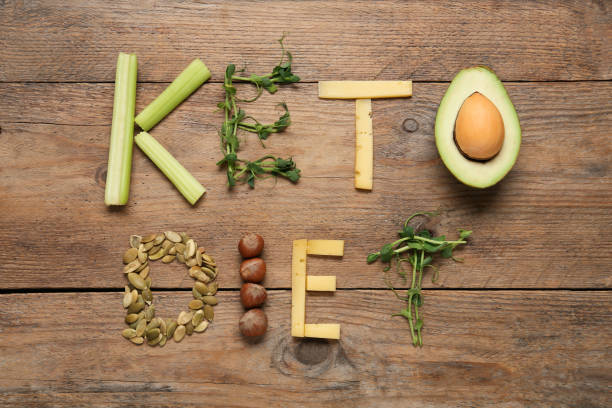 istock Phrase Keto Diet made with different products on wooden table, flat lay 1407722254
