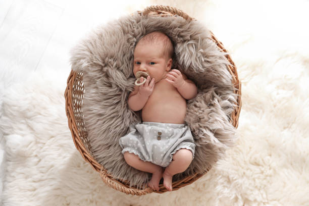 istock Adorable newborn baby with pacifier in wicker basket, top view 1407722481