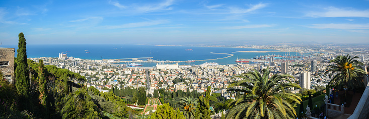 Panorama of Haifa. View of the city and port of Haifa from Carmel Hill.