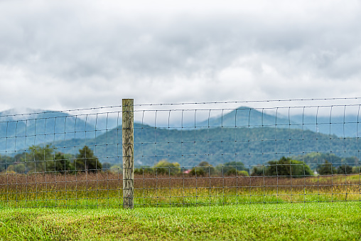 Buena Vista, Virginia countryside rural USA green grass field meadow near Blue Ridge parkway mountains with fence in foreground and clouds mist fog covering peak