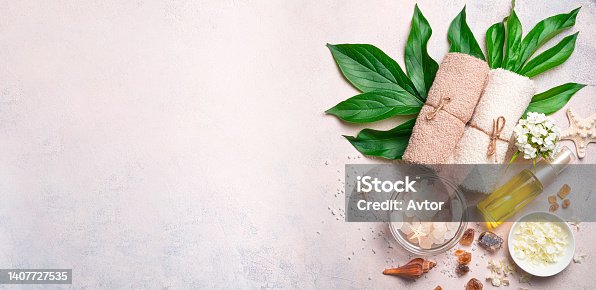 istock Organic spa cosmetics and accessories on a light background. 1407727535