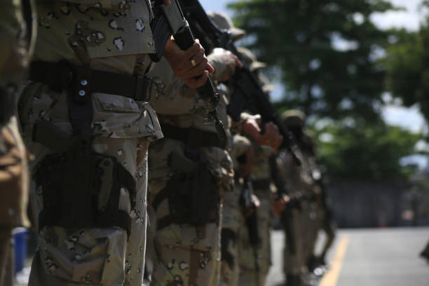 salvador, bahia, brazil - february 17, 2022: Members of the Bahia Military Police are seen during a parade at Vila Militar in Salvador.