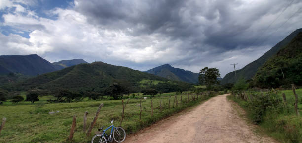 View of a dirt road with a bicycle lying on the fence, in the background  some mountains and cows under a cloudy sky.