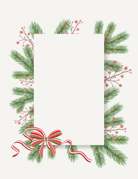 Elegant Evergreens Christmas Party Invitation Template Holiday background with ribbons and evergreens. There is a blank frame in the center to add your own event information. Several organized layers for easier editing. removal. blank christmas card stock illustrations