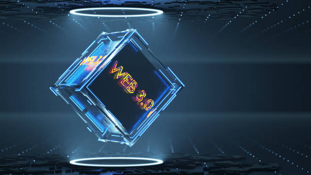 concept of decentralized, technology and web 3.0 updates. WEB 3.0 sign on abstract technology cube. 3d rendering stock photo