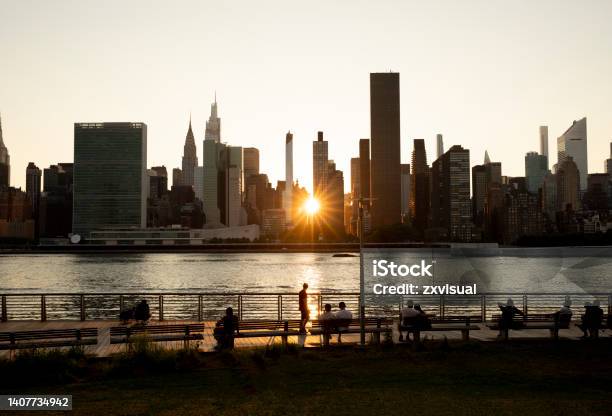 Waterfront Sunset Stock Photo - Download Image Now - Queens - New York City, Park Bench, Sunset