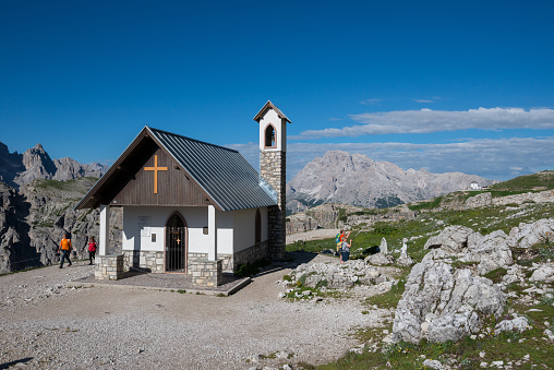 Trentino-Alto Adige, Italy - June 30, 2022: Chapel of the Alpini in the Three Peaks of Lavaredo in the Dolomites