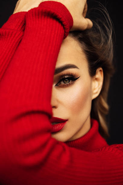 Closeup macro portrait of female face. Human woman face  with day beauty makeup. Girl with perfect skin.
