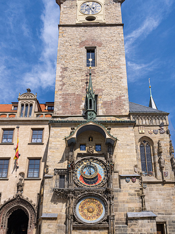 The astronomical clock (Orloj) and its tower, Old Town Hall in Prague. It is from the 15th century and is the oldest known working clock.