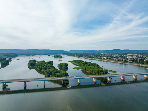 An aerial view of the Harvey Taylor Bridge and the islands in the Susquehanna River at Harrisburg.