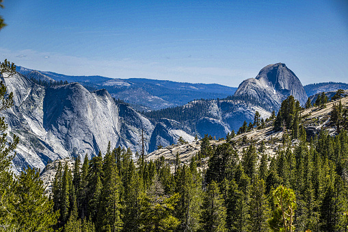 A view of Half Dome from Olmsted Point in Yosemite National Park, California.