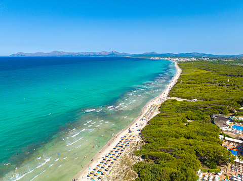 Platanias Beach  in Chania, Crete. Rethymno Greek Islands. Aerial view.