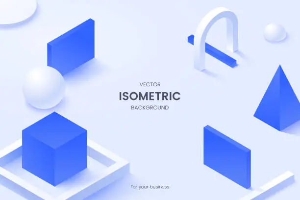 Vector illustration of Abstract isometric background with white and blue geometric shapes and place for text. Composition with simple matte 3d shapes. Ideal for poster, presentation, banner, web page. Vector illustration