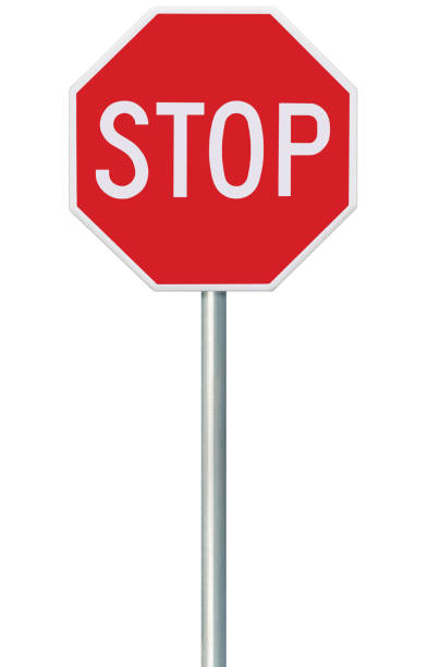 istock Red Stop Road Sign, Isolated Traffic Regulatory Warning Roadside Signage Octagon, White Octagonal Frame, Large Detailed Vertical Closeup, Grey Pole Post 1407743201