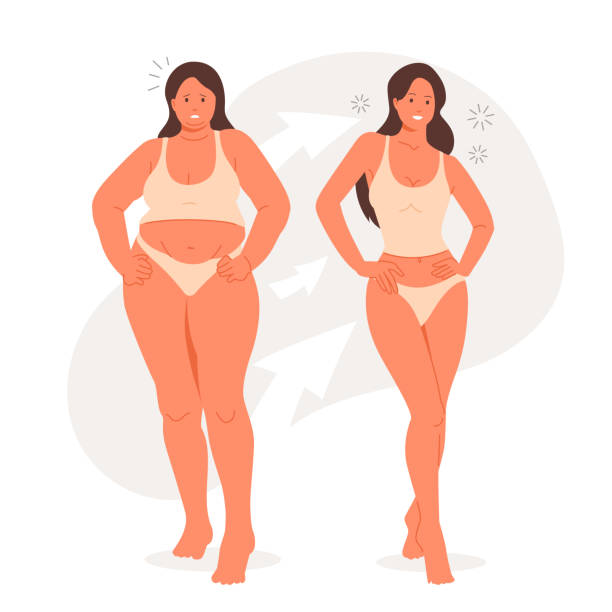 ilustrações de stock, clip art, desenhos animados e ícones de young woman before and after weight loss. fat and slim girl. overweight and sporty female body. vector illustration isolated on white background. - abdomen abdominal muscle muscular build beautiful