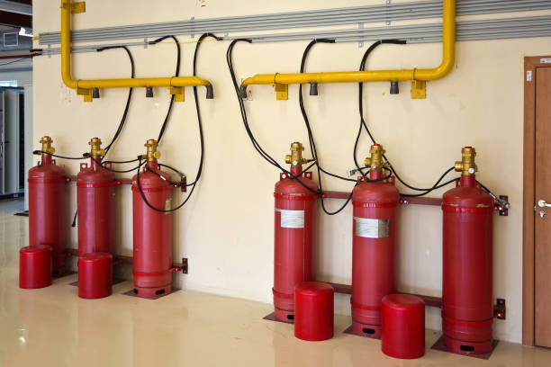 istock Automatic industrial fire extinguishing system. CO2 fire extinguishers in the room 1407745467