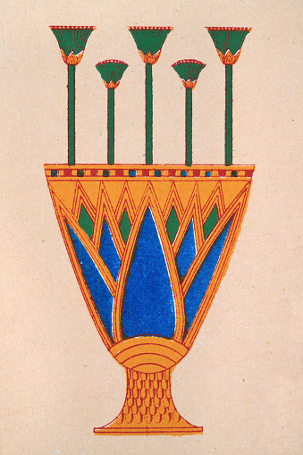 Vintage illustration, Ancient Egyptian decorative art gold and enamelled vase in the form of the Lotus