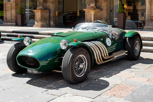 Oviedo, Spain - July 01, 2022: Retro sport car Jaguar Ronart W152. Green vintage antique automobile