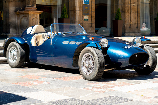 Oviedo, Spain - July 01, 2022: Retro sport car Jaguar Ronart W152. Blue vintage antique automobile
