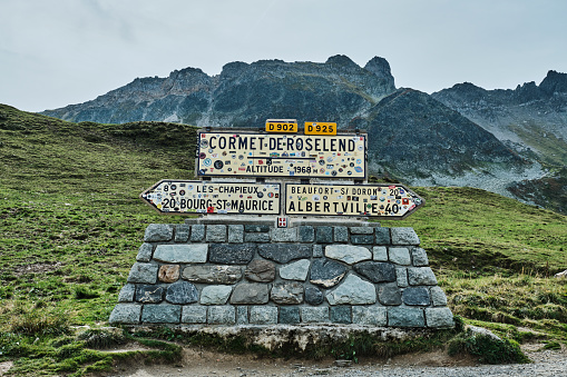 Road sign of Cormet de Roselend stage on the tour de france in the french alps
