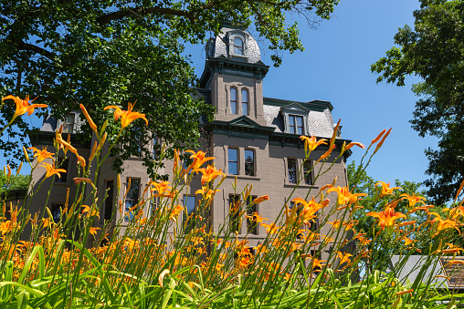 La Salle, Illinois - United States - July 9th, 2022: The exterior of the historic Hegeler Carus Mansion, built in 1876, on a beautiful Summer morning.