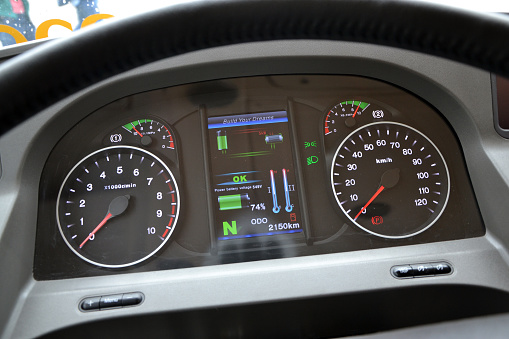 Warsaw, Poland - 11 June, 2013: Bus dashboard controls in electric bus BYD K9. Established in 1995, BYD (Build Your Dreams) company specializes in IT, automobile and new energy.