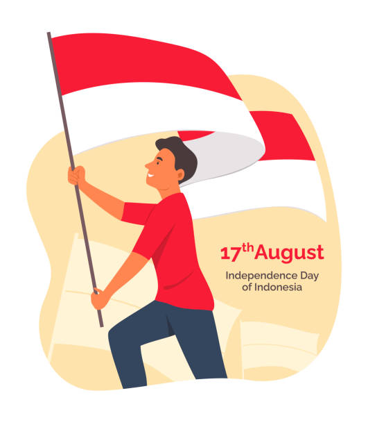 ilustrações, clipart, desenhos animados e ícones de homem segurando bandeira indonésia para celebrar o dia da independência da indonésia. - teenagers only