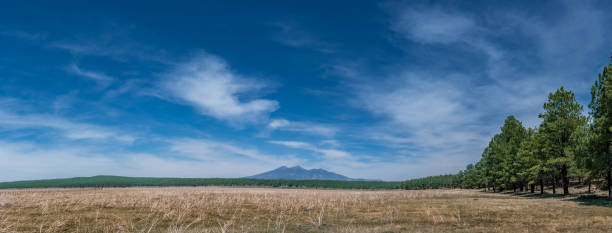 Ute Mountain New Mexico in Early Spring. Ute Mountain is a volcanic cone in northern New Mexico and the highest point of the Rio Grande del Norte National Monument. Copy space in the vibrant blue sky.