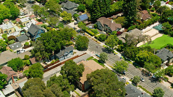 Aerial shot of Palo Alto, California on a clear and sunny day in summer. Palo Alto is one of many towns in Silicon Valley in the greater San Francisco Bay area. \n\nAuthorization was obtained from the FAA for this operation in restricted airspace.
