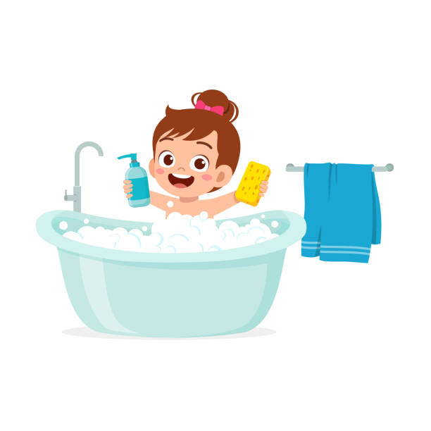 illustrazioni stock, clip art, cartoni animati e icone di tendenza di bambino piccolo fare il bagno nella vasca da bagno - baby vector bathtub child