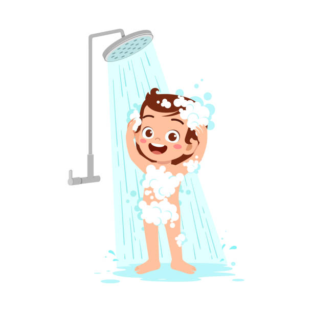 illustrazioni stock, clip art, cartoni animati e icone di tendenza di piccolo bambino fare la doccia e lavare il corpo - baby vector bathtub child