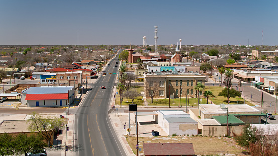 Drone shot of Carrizo Springs, a small city in Dimmit County, Texas on a clear day in early spring.