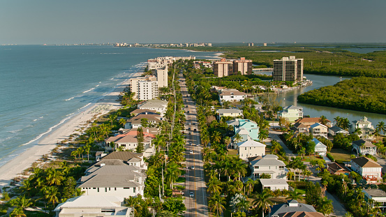 Aerial shot of Bonita Springs, Florida on a clear sunny morning in spring. Bonita Springs is a coastal town between Naples and Fort Myers, with the nickname \