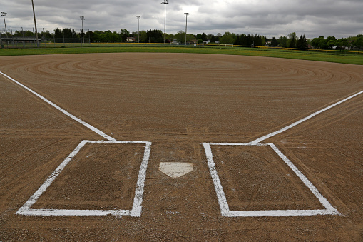 April, 25 - Brodheadsville, Pennsylvania, USA: all schools in Pennsylvania are closed until the end of the academic year because of the COVID-19 outbreak. School buses are parked permanently at the parking lot, and school buildings and the stadium are closed and deserted.