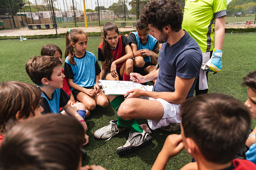 Kids of a soccer team listening to their coach, sitting together on a soccer field. He's drawing on a slate. Mixed team of girls and boys. Elementary age.