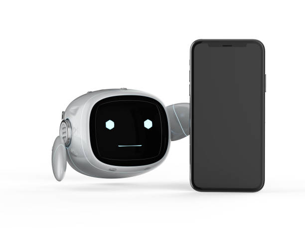 Cute assistant artificial intelligence robot no leg with mobile phone