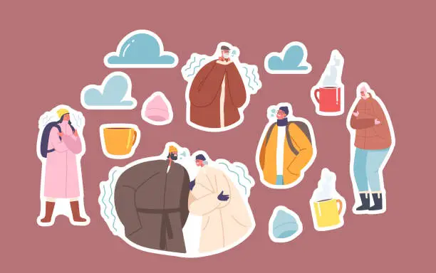 Vector illustration of Set of Stickers Freezing People at Wintertime Season Freeze, Male and Female Characters Wear Warm Winter Clothes