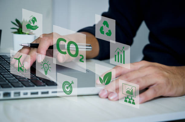 Organizations or companies develop carbon credit business virtual screen. Reduce CO2 emissions. Sustainable business development concept. stock photo