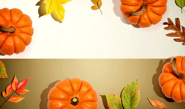 istock Autumn pumpkins with colorful leaves overhead view 1407768692