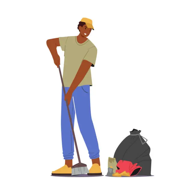 Vector illustration of Cleaning Service Activity Concept. Janitor Male Character Street Cleaner Holding Broom Sweep Lawn from Trash and Garbage