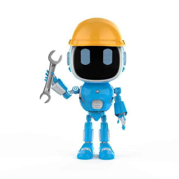 Engineer robot with 3d rendering cute and small artificial intelligence assistant robot wear yellow helmet