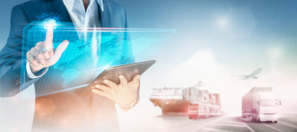 istock Smart technology concept, Businessman press on digital screen of logistics network distribution and container cargo freight ship, Global Business logistic import export transportation background 1407778282
