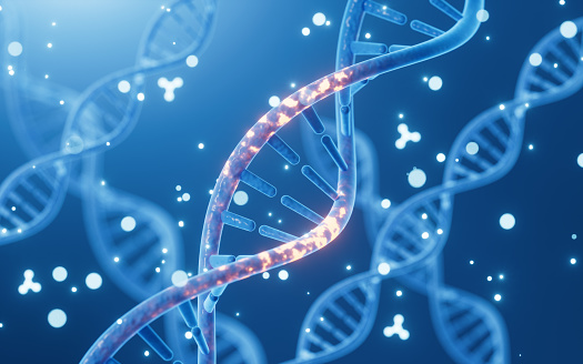 ADN y moléculas mutadas, biotecnología científica, renderizado 3D. photo