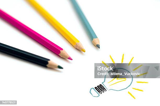 Colorful Crayons Drawing Light Bulb Stock Photo - Download Image Now - Blue, Light Bulb, Pencil