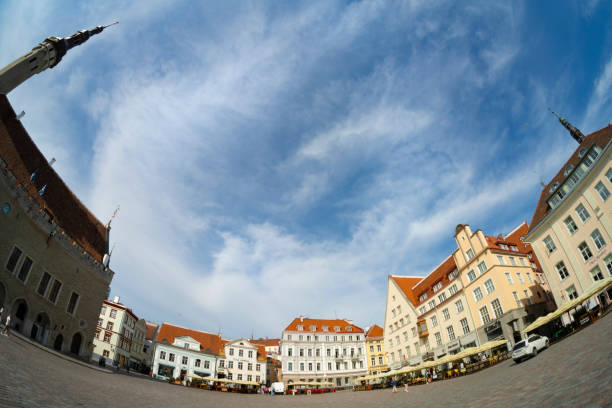 Tallinn, Estonia. July 2022.  panoramic fisheye view of the Raekoja Square in the old town